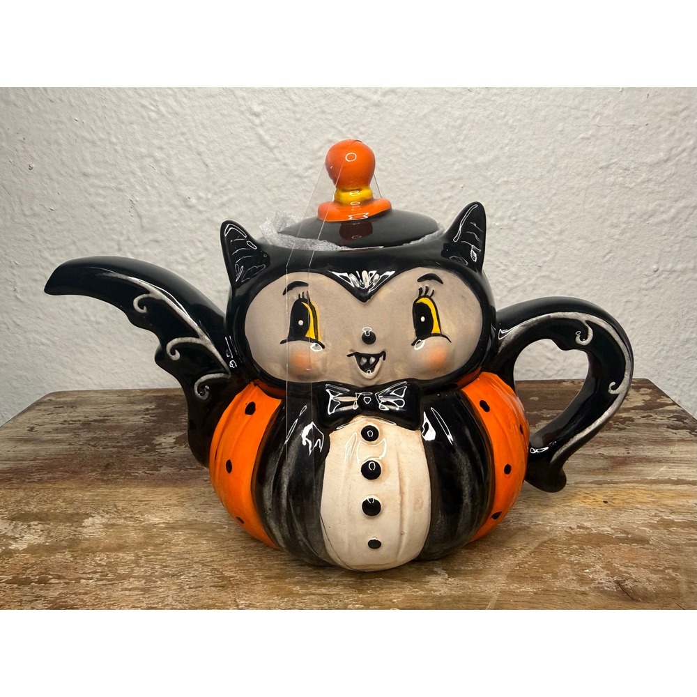 Johanna Parker Pumpkin Peep Vampire Bat Ceramic Teapot Halloween Decor NEW